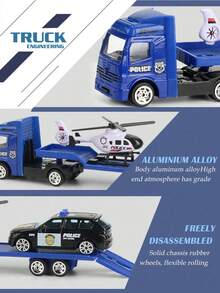 NEUSNEY 4pcs 1:64 Scale Construction Vehicle Set With Trailer, Inertial Sliding Vehicle Model, Multi-Color Options, Realistic Engineering, Fire, Military Transport Trailer Set, Alloy Model, Collectible Display, Scene Simulation, Perfect Birthday Gift - Multicolor - View 6