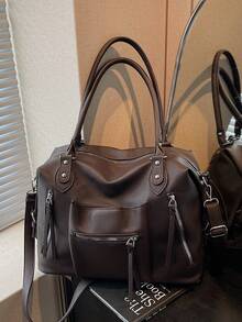 Bolsa feminina vintage de ombro grande, versátil e moderna, em PU, ideal para o trabalho e deslocamentos diários. - Café - Ver 3