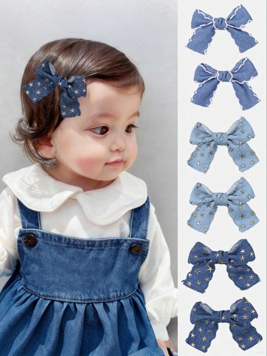 2pcs Denim Bow Hair Clip For Baby Girls Vintage Denim Star Hair Bows Solid Color And Glitter Star Denim Hair Barrettes Casual Denim Alligator Clips Party Denim Star Hairpins Baby Hair Accessories - Blue - View 1