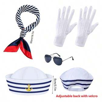 ชุดเครื่องประดับตกแต่งสไตล์กะลาสีเรือ: หมวก, ผ้าพันคอ, แว่นกันแดด, ถุงมือ, ชุดกะลาสีเรือสี่ชิ้น 300