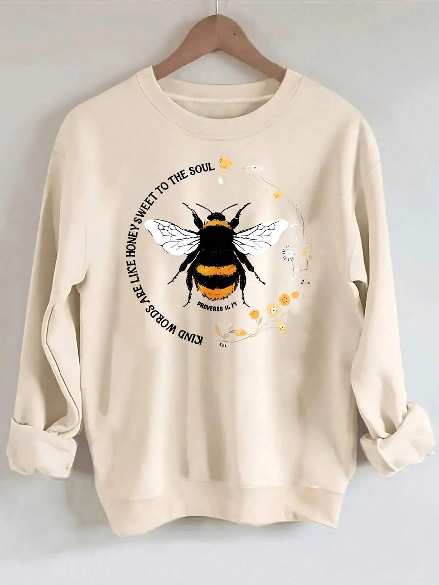 Bee Print Sweatshirt, Long Sleeve Crew Neck Casual Sweatshirt For Fall & Spring, Women's Clothing Christmas Outfit Women Christmas Sweatshirt Fall Clothes For Women Winter Clothes For Women Christmas Decor - 杏色 - 查看 1