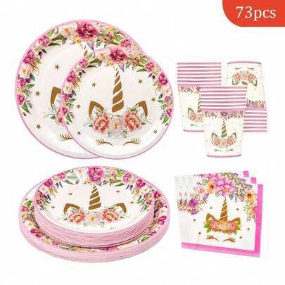 Pink Flower & Gold Unicorn Disposable Plates, Napkins, Cups - Party Supplies For 16 Guests, Disposable Paper Plates Suitable For Birthday, Wedding, Party, Family Picnic