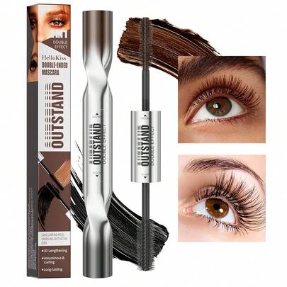 HelloKiss 二合一双头睫毛膏，防水防晕染，持久3D卷翘，黑色和棕色双色，纤长浓密，5毫升黑色+5毫升棕色，轻盈不结块配方，易于涂抹，是工作、派对、日常、节日、生日、圣诞节、万圣节等场合的必备彩妆单品。