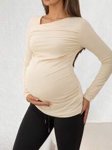 Top à manches longues asymétrique avec fronces au cou pour femmes enceintes, en tissu polyester extensible, ourlet régulier - Nude - Voir 1