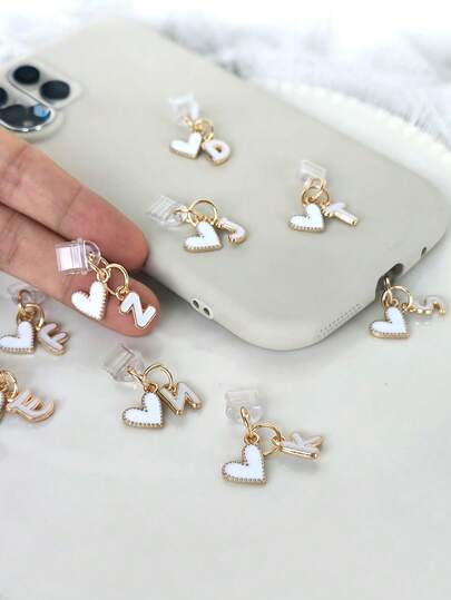 Tapón antipolvo con forma de corazón blanco y 26 letras, accesorio de cubierta protectora con forma de corazón y letra para puerto de carga y auriculares de teléfono, adecuado para decoración de teléfono DIY, tapón antipolvo universal para puerto de carga Tipo C