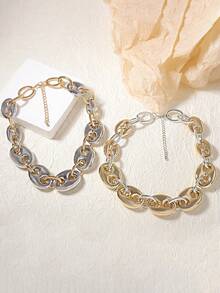 1pc Exaggerated Punk Geometric Hoop & Pig Nose Chain Necklace, Casual Street Style For Women - Silver - View 2