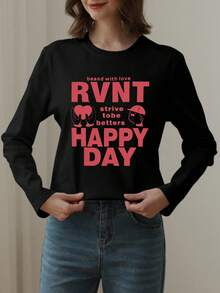 秋冬新款小码女式长袖 T 恤，趣味图案印花俏皮女孩休闲圆领上衣 - 黑色 - 查看 2