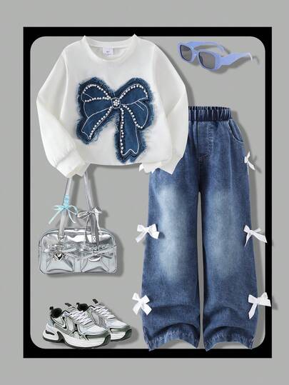 2件套女童复古休闲珍珠蝴蝶结长袖卫衣和牛仔裤套装，春秋季