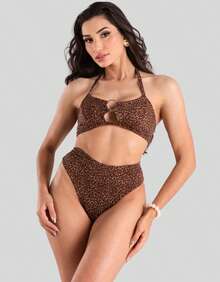 Kit 2 Biquini Feminino Animal Print Biquíni Hot Pants Biquíni Argola Amarrar Biquine Bikini Moda Praia - Preto e Onca - Visão 3