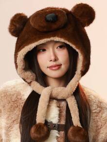 1pc Women's Cute Bear Ear & Nose Design Hat, Fashionable Casual Versatile Warm Earmuff Hat, Suitable For Autumn/Winter Outdoor, Sports, Commuting, Thickened Comfortable Fuzzy Ball Long Cord Plush Hat, Suitable For Daily And Holiday Use