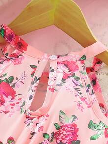 Charming Girls' Summer Elegant Floral Print Sleeveless Halter Neck Backless Asymmetric Hem Casual Dress - Red - View 5