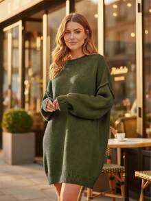 1pc Loose Solid Ribbed Knit Pullover Sweater Dress, Casual Everyday Wear, Autumn/Winter - Olive Green - View 4