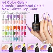 ROSALIND 48 Pcs Semi-Permanent Gel Nail Polish Set Contain 44 Colors Blue Purple Pink UV LED Gel Polish With Glitter Matt Top Coat Gloss Base And Top Coat Gel Nail Set Gifts For Women - bộ 02 - Xem 2