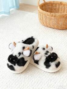 Pantuflas de felpa suaves con estampado de vaca y bordado, antideslizantes para interiores, adecuadas para el hogar y el invierno