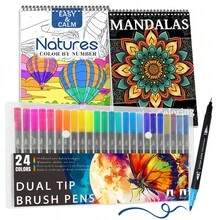Natural & Mandala Theme Coloring Book Set - Digital Drawing & Coloring Book With 24 Color Markers, 44 Pages, Floral Designs For Beginners To Advanced, Hard Cover, Original Design, Easy & Relaxing, Single-Sided Printing, Thick Paper, Spiral Bound – Perfect For Men & Women, Vivid Patterns For Christmas, Halloween & Thanksgiving Decoration