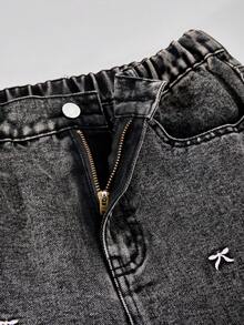 Teen Girls' Elastic Waist Straight Loose Fashion Versatile Butterfly Embroidered Straight Leg Jeans - Black - View 6