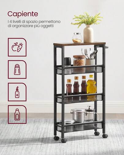 Carrello a 4 Ripiani, Carrello Cucina Salvaspazio con Ruote, Struttura in Acciaio, Maniglia, Carrellino Piccoli Spazi, Bagno Salotto Studio, Marrone Vintage e Nero