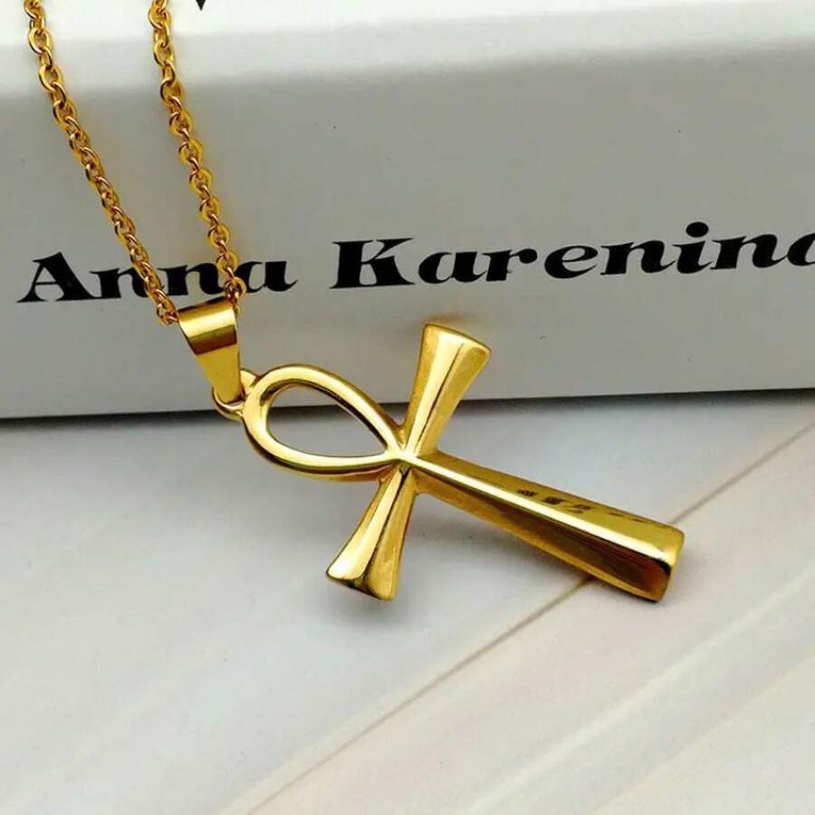 Collar con colgante de cruz Ankh egipcia para hombres - Joyería de símbolo de vida de acero inoxidable, cadena duradera de estilo gótico en tono dorado para atuendo casual, regalo religioso para él, joyería egipcia, accesorio simbólico, diseño intrincado, artesanía elegante, buscadores espirituales - #1 - Ver 1