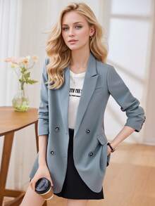 Gray-Blue Casual Blazer Jacket For Women, Korean Style, High-Quality, Back Slit, Spring/Autumn 2025 New Arrival