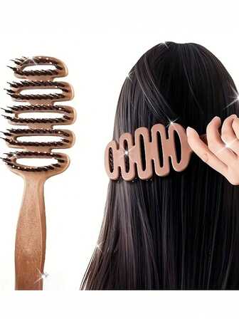 1支装美发梳，顶部带丰盈按摩头，顺滑罗纹梳，蓬松花朵造型，适用于直发、卷发、蓬松发型 - 居家、旅行、沙龙使用 - 耐用易清洁的造型工具，适合女性，美发刷，旅行护发，符合人体工学设计，梳齿光滑，家用两用梳子 - 配有棕色ABS手柄，美发造型套装，美发配件