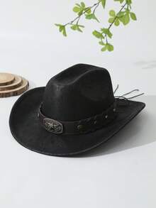 1pc Unisex Cattle Head & Belt Decor Handmade Panama Hat Wide Brim Cowboy Hat PU Cowgirl Hat Ridge Western Suitable Soft Felt Hat Fedora Hat - màu đen - Xem 6