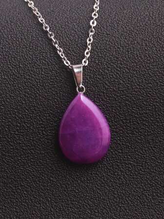 1件工厂批发天然石水晶玛瑙绿松石粉晶紫玉浆扁平水滴吊坠不锈钢链DIY首饰配件吊坠项链无电镀