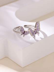 1枚珐琅紫色锆石蝴蝶戒指，男女通用，开口可调节，金色，时尚Y2K风格珠宝配饰，派对礼物 - 1 - 查看 4