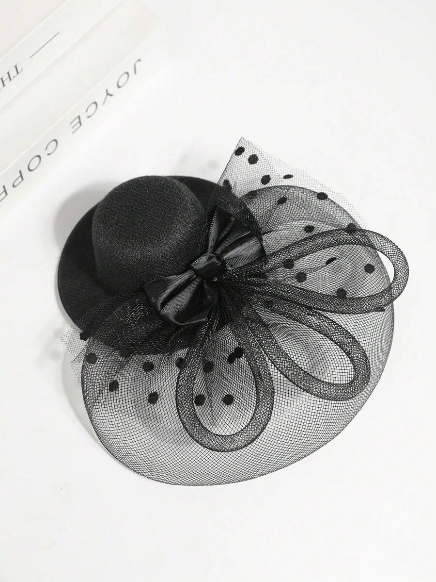 1顶黑色小帽子，配有网纱波点玫瑰花发夹，法式宴会装饰，头饰，迷你帽子，德比帽，迷你礼帽，迷你小圆帽 - xy6202 - 查看 1