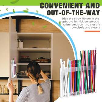 1个壁挂式吸管收纳架，带隔层 - 浅蓝色塑料材质，适用于标准和宽吸管、搅拌棒和刷子 - 节省空间，适用于厨房或浴室，方便厨房收纳整理