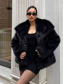 HH Faux Fur Jacket For Women Elegant Solid Lapel Long Sleeve Coat Casual Loose Female Winter Oversize Lady Chic Streetwear Jakcets - Black - View 12