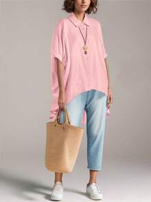 女士时尚优雅浅蓝色宽松高低摆短袖翻领纽扣衬衫，修身百搭，适合日常外出、休闲聚会和日常穿着，春夏及圣诞节皆宜。 - 淺粉色 - 查看 5
