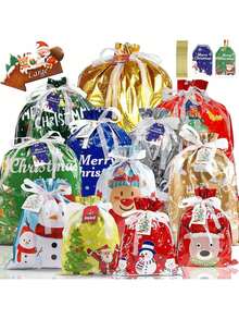 20 个圣诞袋圣诞节抽绳礼品袋各种尺寸大中小圣诞包装袋 12 种设计礼品袋，用于带标签的圣诞礼物袋，适合圣诞派对 - 查看 2
