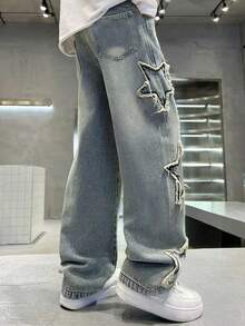 Teen Boy Straight Leg Distressed Denim Jeans, Fashionable Pentagram Flared Pants - Light Wash - View 6