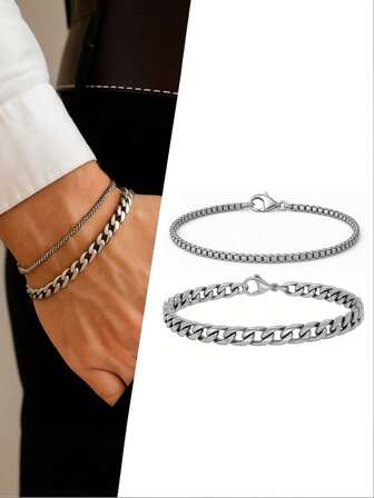 男士时尚简约不锈钢链手链两件套 - 情人节、狂欢节及休闲场合的完美礼物之选