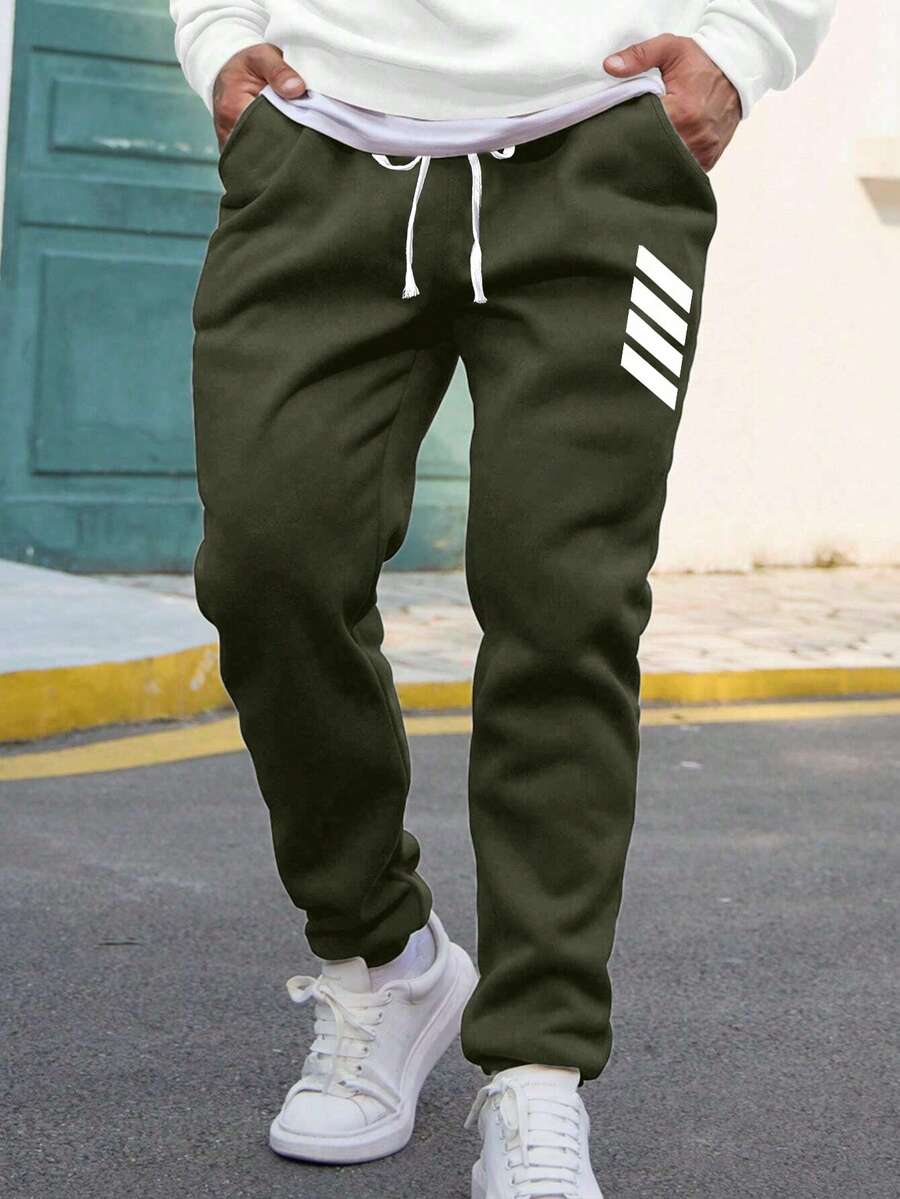 男士大码休闲百搭撞色条纹运动裤 - 軍綠色 - 查看 1