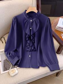 Blusa de manga larga de moda para mujer de talla grande con volantes exagerados de unicolor, primavera - Azul Marino - Ver 1