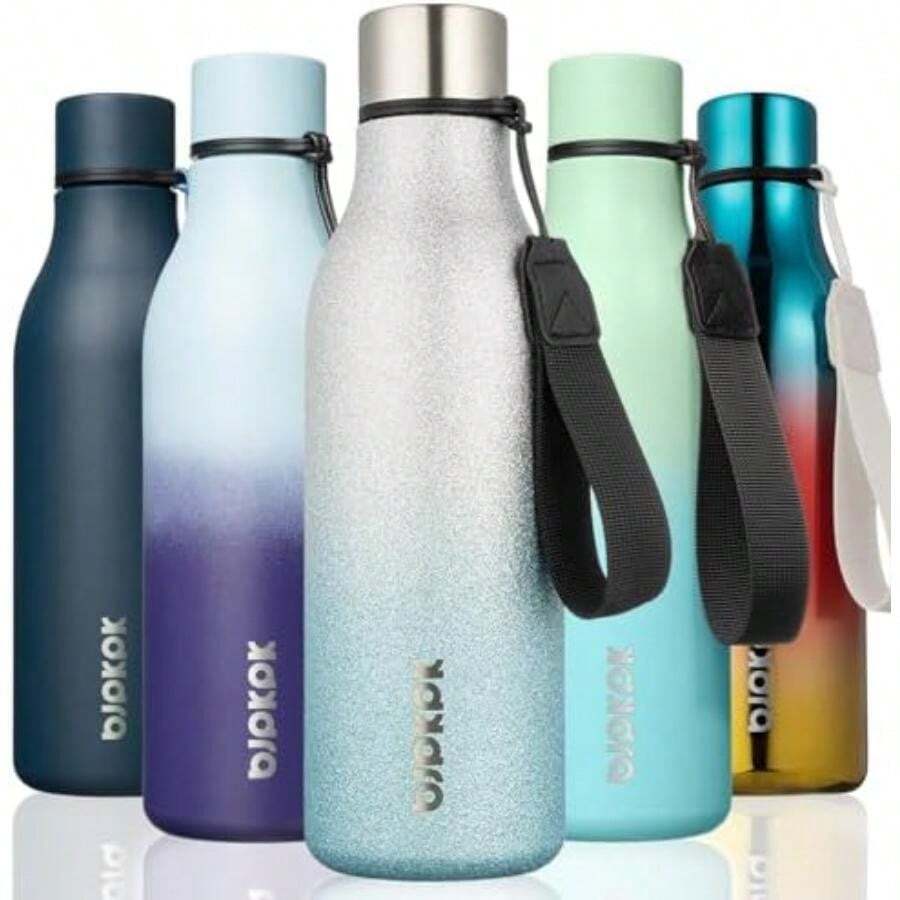 BJPKPK - Botellas de agua aisladas, botella de agua de metal de acero inoxidable de con correa, sin , termo a prueba de fugas, tazas, frascos, botella de agua reutilizable para la escuela,(18 onzas Azul plateado brillante) - Multicolor - Ver 1