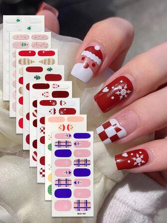 Set de 8 pegatinas de arte de uñas con diseños navideños de copos de nieve, árboles de Navidad, ciervos, degradados y rayas con brillo, que cubren toda la uña, adecuadas para manicura DIY de mujeres