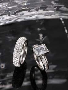 2pcs Elegant Stainless Steel Silver Couple Rings With Men's Diamond Elements And Women's Gemstone Elements, Suitable For Daily Wear, Festivals, Dates, Engagements, Weddings, Comes With Gift Box