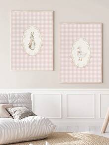 1/2 Canvas Wall Art, Framed Rabbit And Silly Goose Theme Wall Decor For Kids Room, Blushing Pink Plaid Pattern, Farmhouse Animal Print, Vintage Country Rabbit Illustration, Suitable For Children's Room, Nursery, Playroom, Boy/Girl Room, Waterproof, Party Decor Gift
