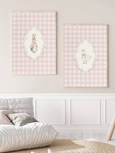 1/2 Canvas Wall Art, Framed Rabbit And Silly Goose Theme Wall Decor For Kids Room, Blushing Pink Plaid Pattern, Farmhouse Animal Print, Vintage Country Rabbit Illustration, Suitable For Children's Room, Nursery, Playroom, Boy/Girl Room, Waterproof, Party Decor Gift