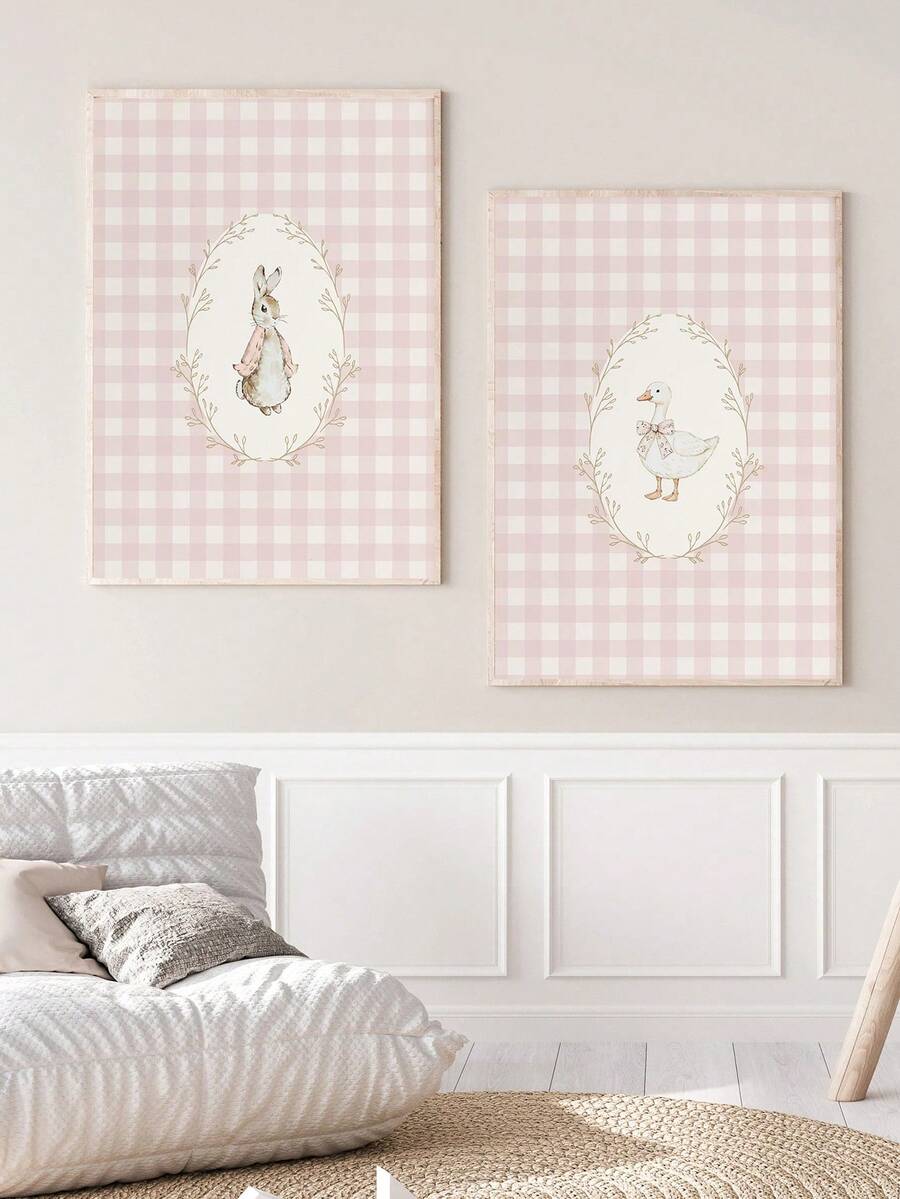1/2 Canvas Wall Art, Framed Rabbit And Silly Goose Theme Wall Decor For Kids Room, Blushing Pink Plaid Pattern, Farmhouse Animal Print, Vintage Country Rabbit Illustration, Suitable For Children's Room, Nursery, Playroom, Boy/Girl Room, Waterproof, Party Decor Gift
