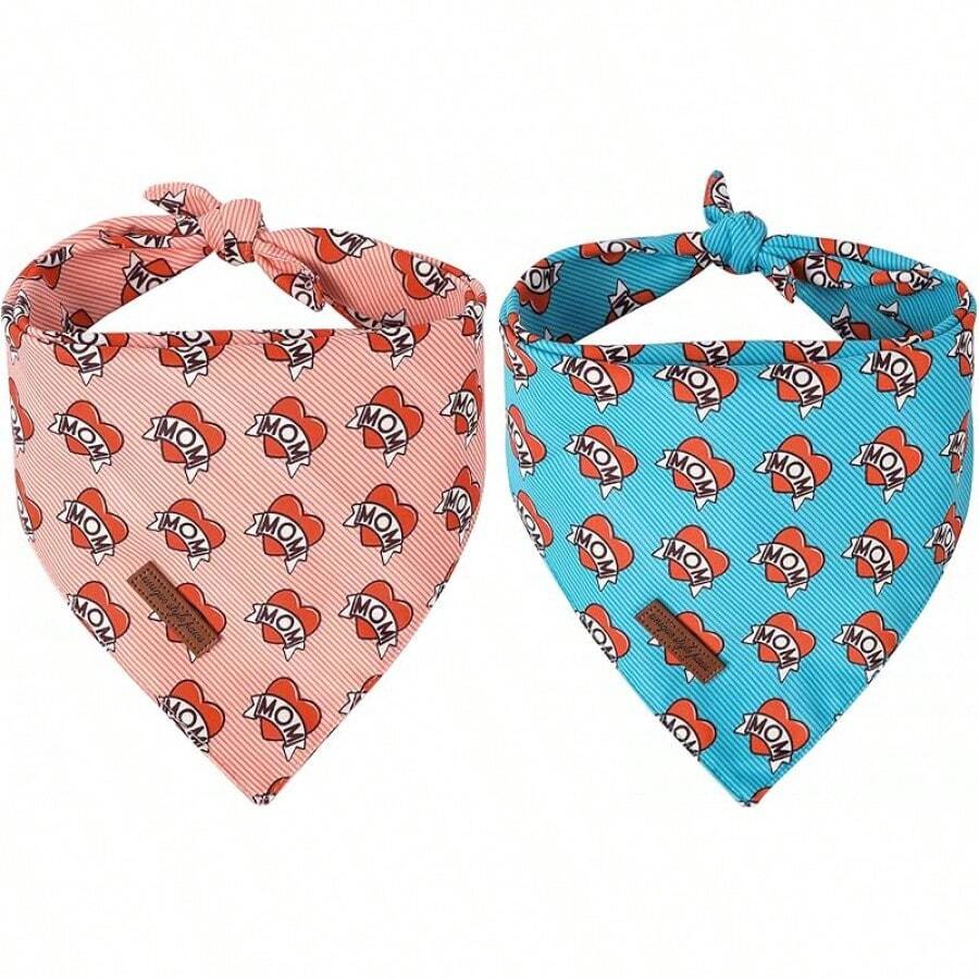 Style Paws Dog Spring Bandanas 2Pcs Washable Cotton Triangle Summer Lemon Dinosaur Puppy Scarfs For Small Medium Large Dogs And CatsChristmas - Cinta Ibu Biru & Merah Muda - View 1