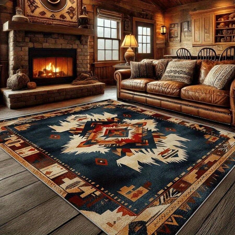 Rug - Southwest Bohemian Style Base Rug, Machine Washable And Easy To Clean, Available In Navy Blue, Red, Beige, Black, White, And Blue, Large Size Carpet Suitable For Living Room, Bedroom, Office, Multiple Sizes Available Up To 60x84inch -  Home Decor Gift, High-Density Velvet Surface, Perfect For Christmas And Thanksgiving - 彩色 - 查看 1