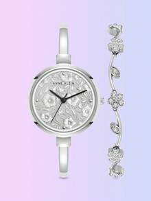 Anne Klein Conjunto de Relógio de Bracelete com Mostrador Floral e Pulseira Decorada com Cristais para Mulheres