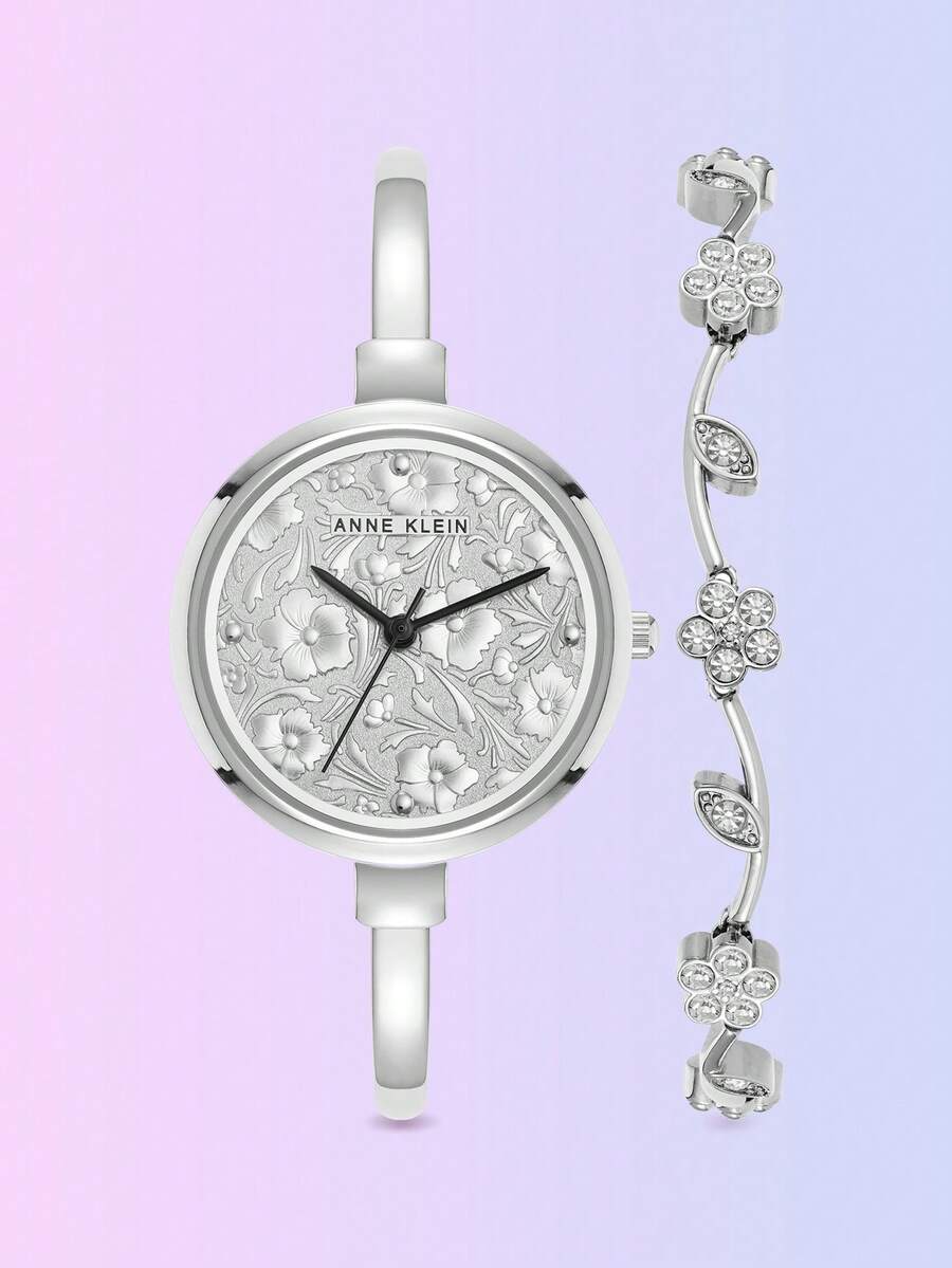 Anne Klein Conjunto de Relógio de Bracelete com Mostrador Floral e Pulseira Decorada com Cristais para Mulheres