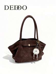 Dedoo 1个FEISTURE仿麂皮手提包（含配件），大容量纯色成熟优雅女士手提包，复古风格通勤包，适合女孩、女性、大学生、上班族 - 咖啡 - 查看 3