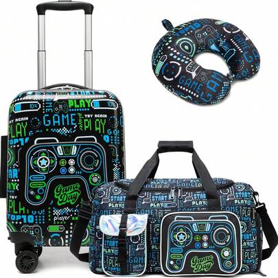 3pcs Kids Boys Travel Luggage Set, Including Backpack, Duffel Bag, Wheeled Trolley Suitcase And U-Shaped Pillow, Children's Gift, Suitable For Back To School Season (Neck Pillow And Handle Shipped Randomly)
