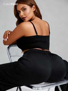 Pantalones jogger de talla grande para mujer con cintura con cordón, negro, cintura elástica, bolsillos laterales, bajo con puño, adecuado para fitness, yoga, uso diario - Negro - Ver 5