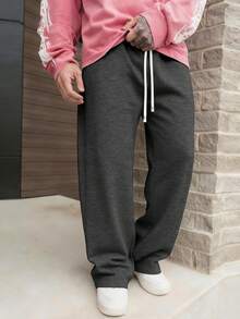 1 件男士抽绳腰宽松阔腿休闲运动裤，秋冬 - 深灰色 - 查看 2